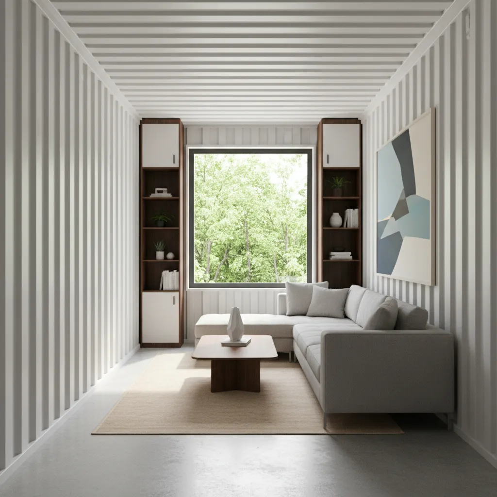 3D interior visualization of a shipping container living room design