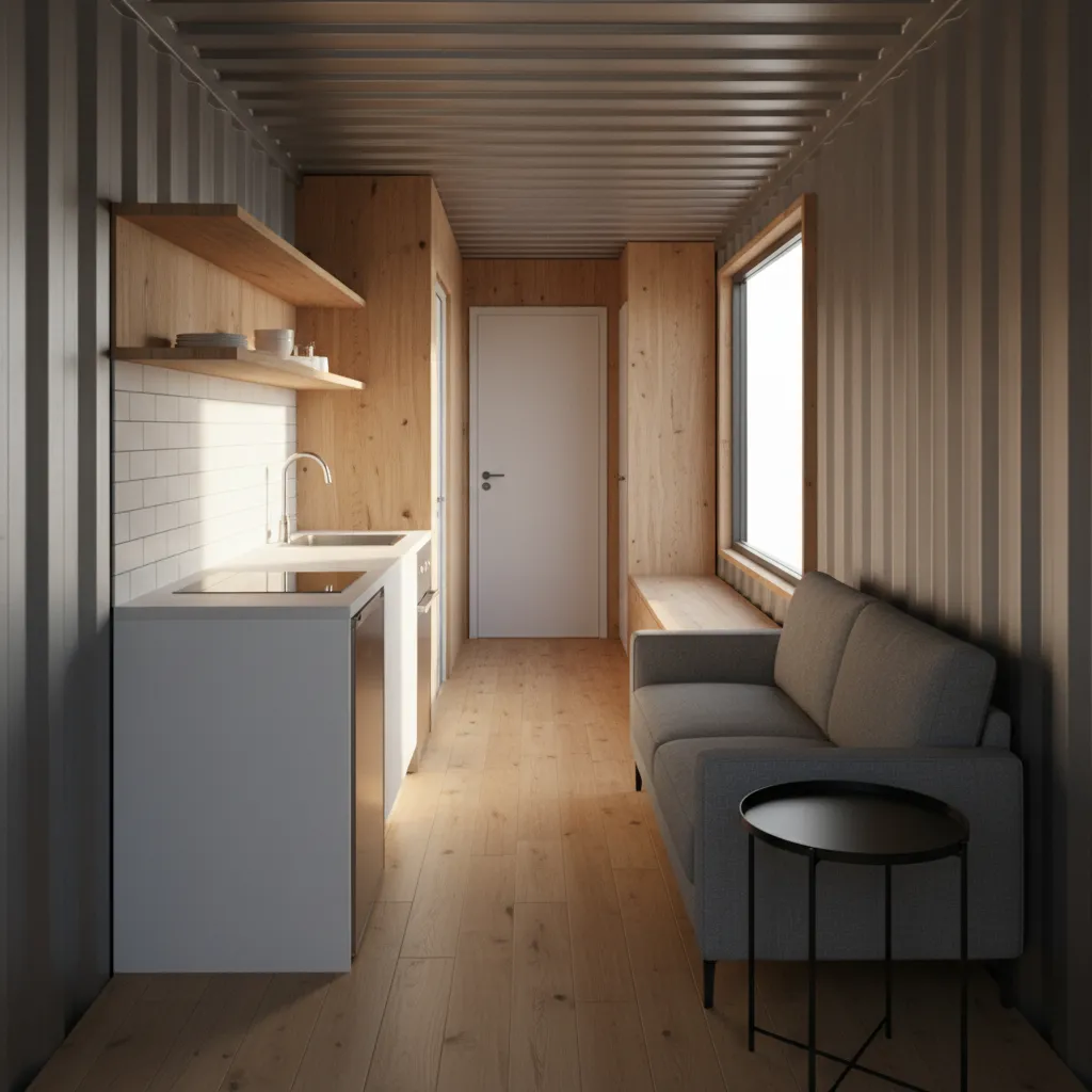 narrow shipping container home interior showing cramped layout and circulation problems