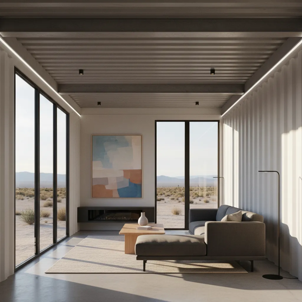 modern interior living room inside a container home with open layout and large windows