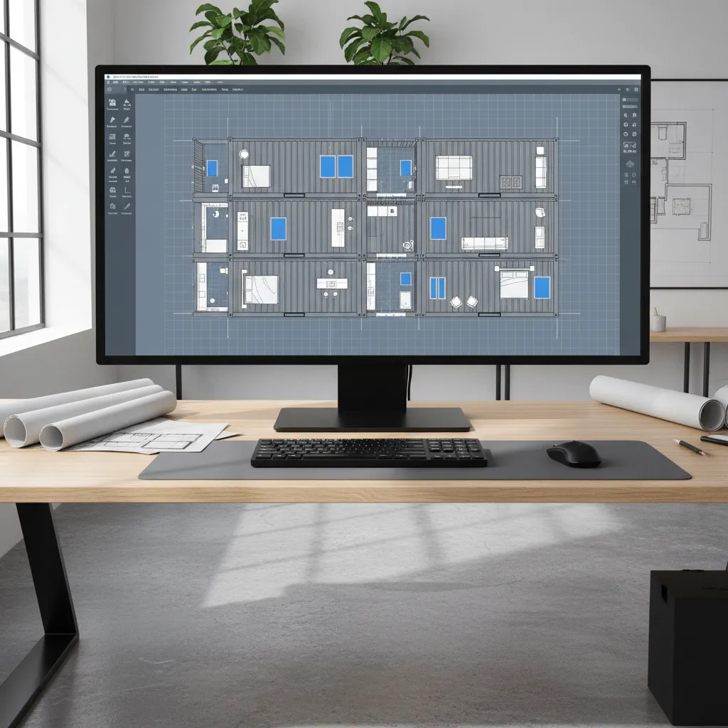 Digital container home layout displayed inside a design application interface
