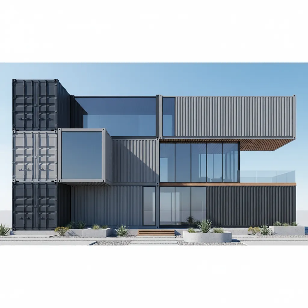 Contemporary shipping container house exterior with stacked containers and large windows