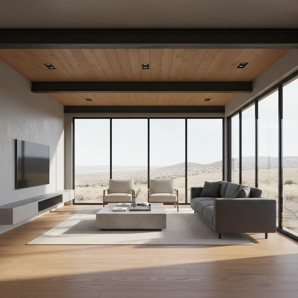 Modern interior living room inside a container home with industrial design