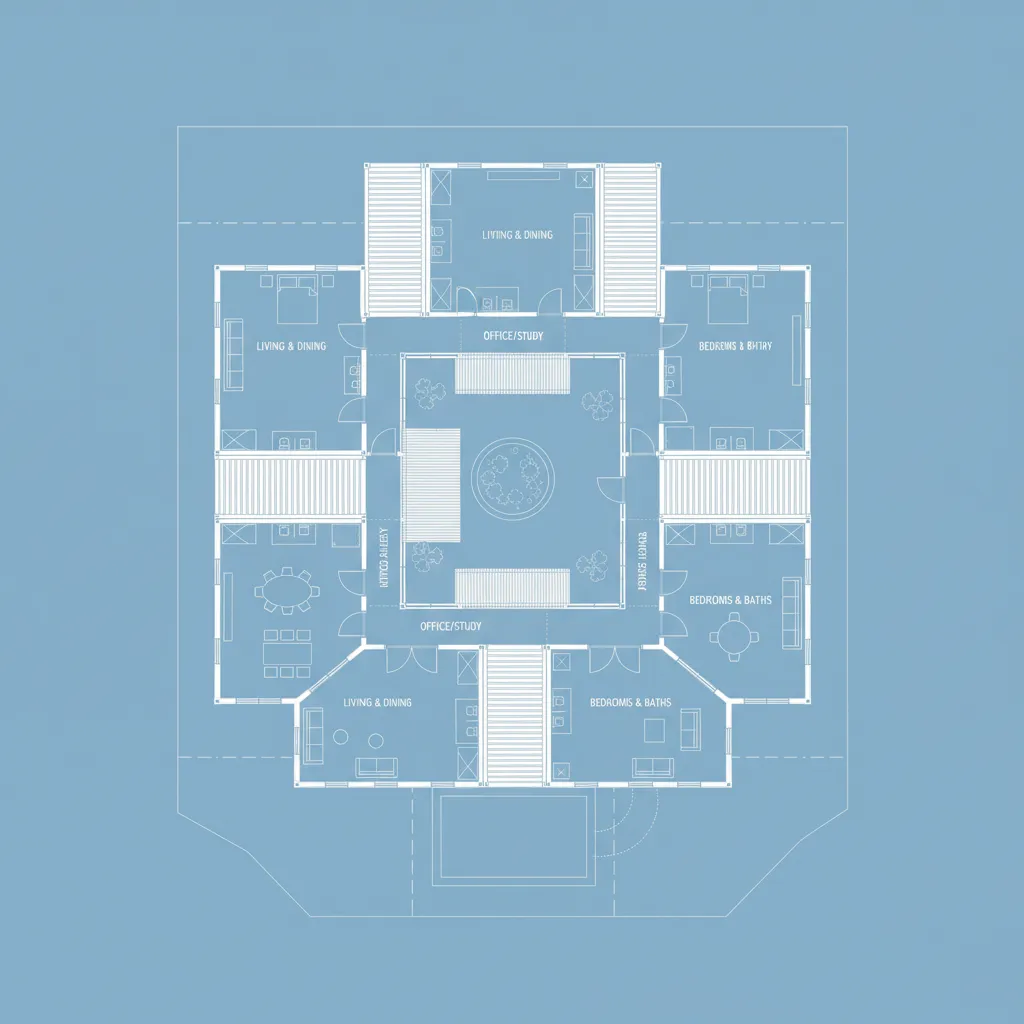 Top down modular layout plan of multiple shipping containers forming a house