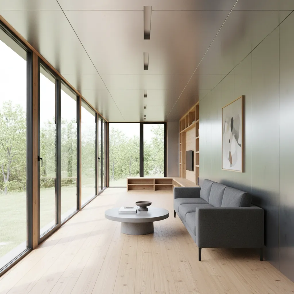 shipping container home interior with windows on both sides improving natural light