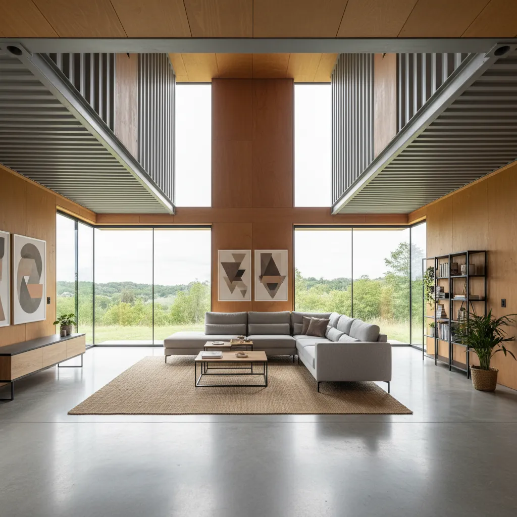 open living room inside a 1500 sq ft container home with large windows
