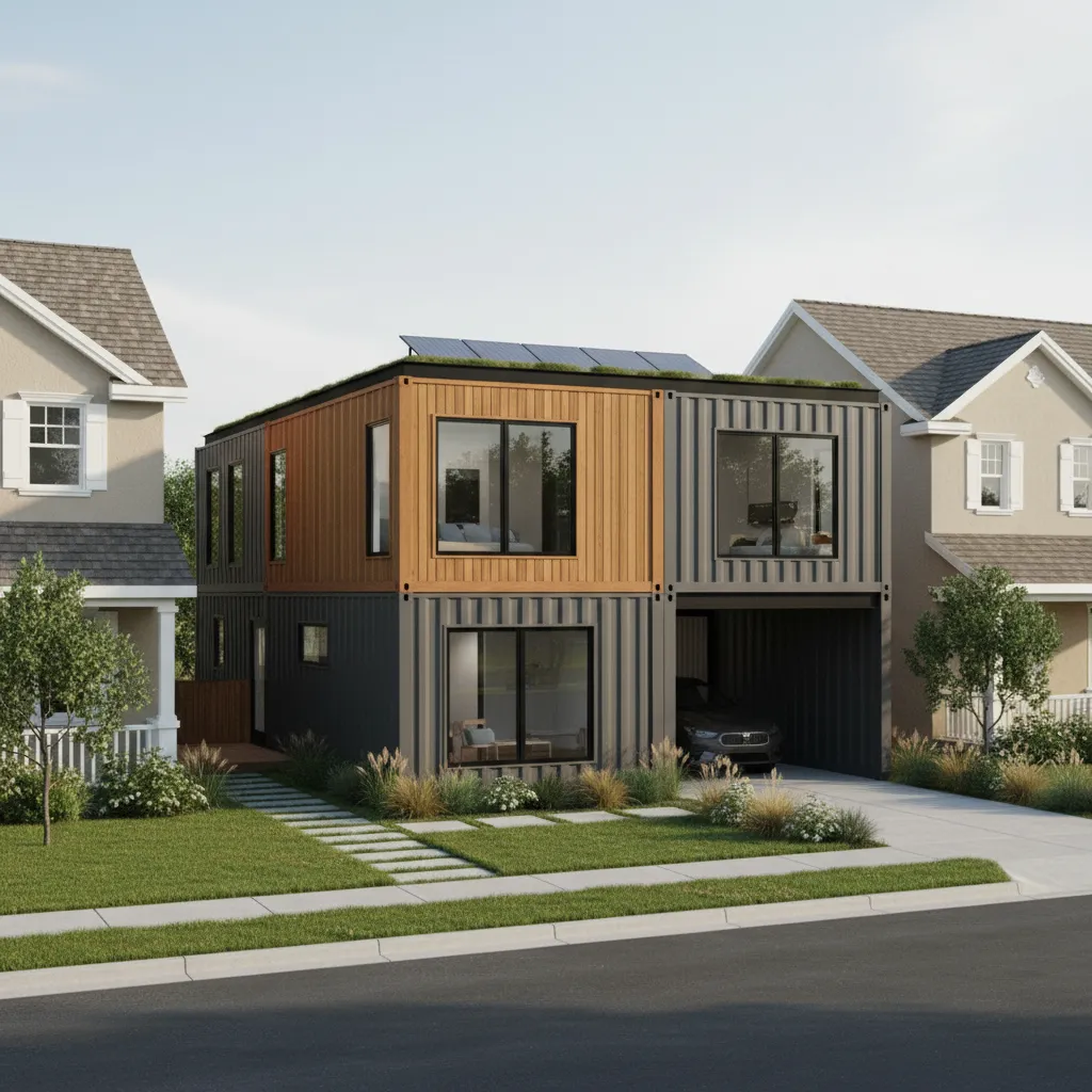 container home placed in a residential neighborhood showing integration with surrounding houses