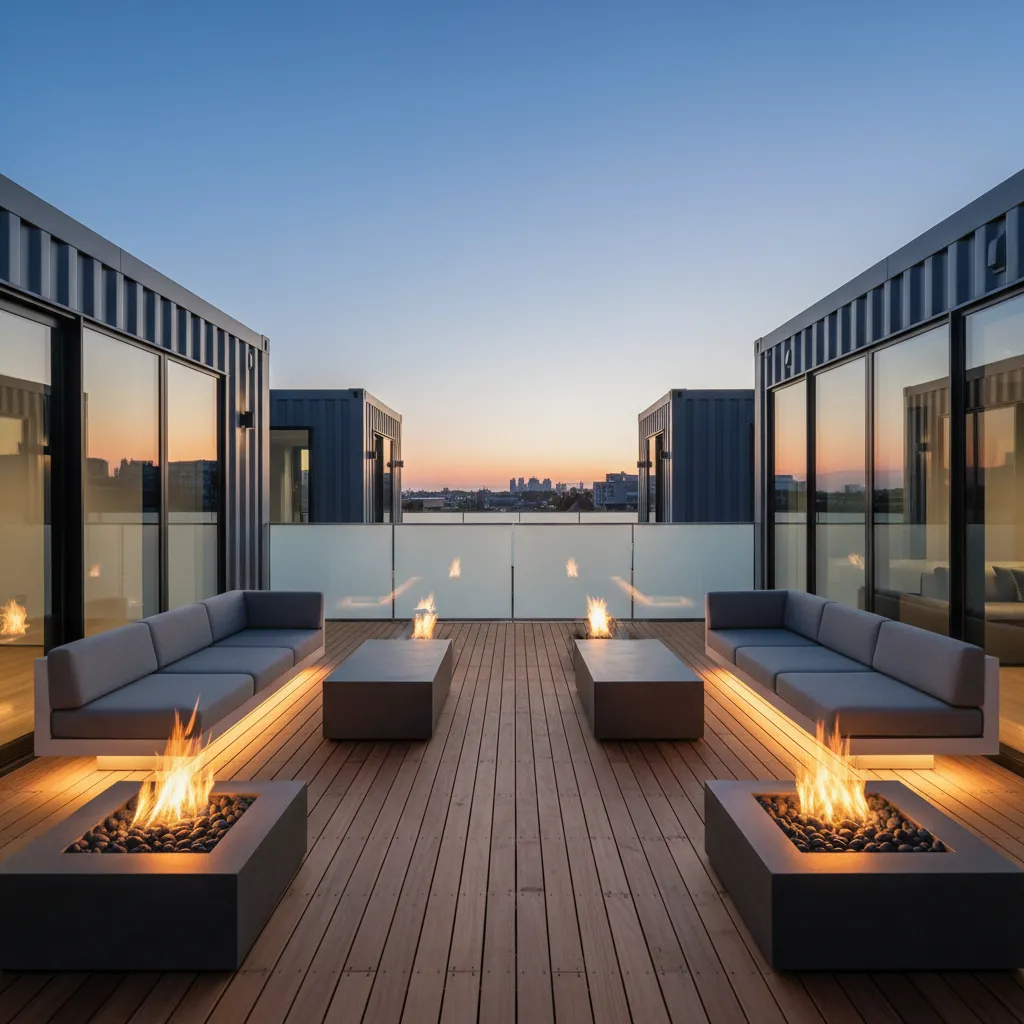 Luxury container home rooftop terrace with lounge seating