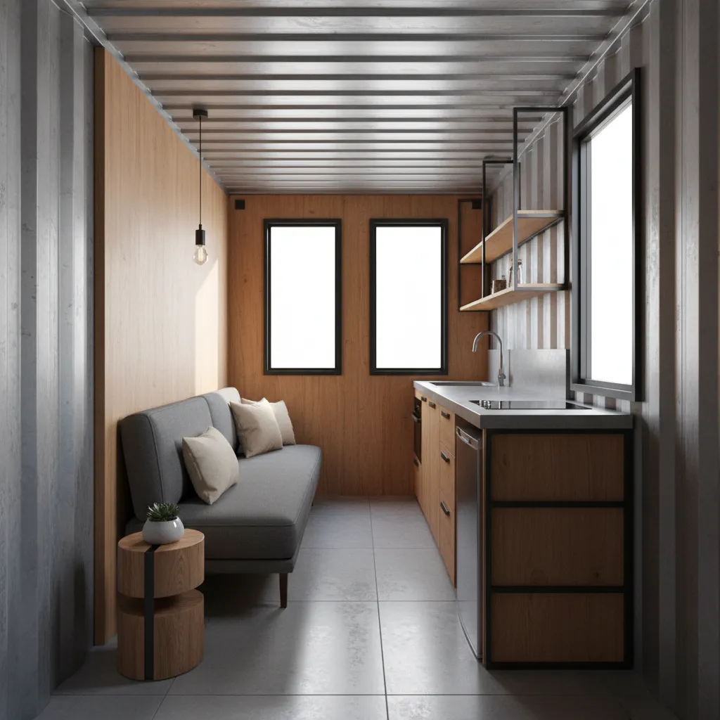 interior layout of a narrow shipping container home with compact furniture