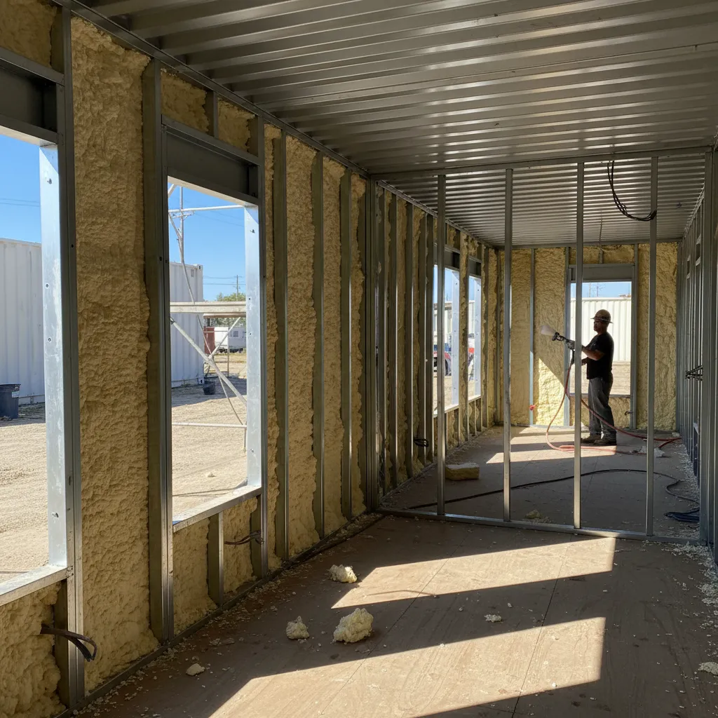 Shipping container wall insulation with spray foam installation