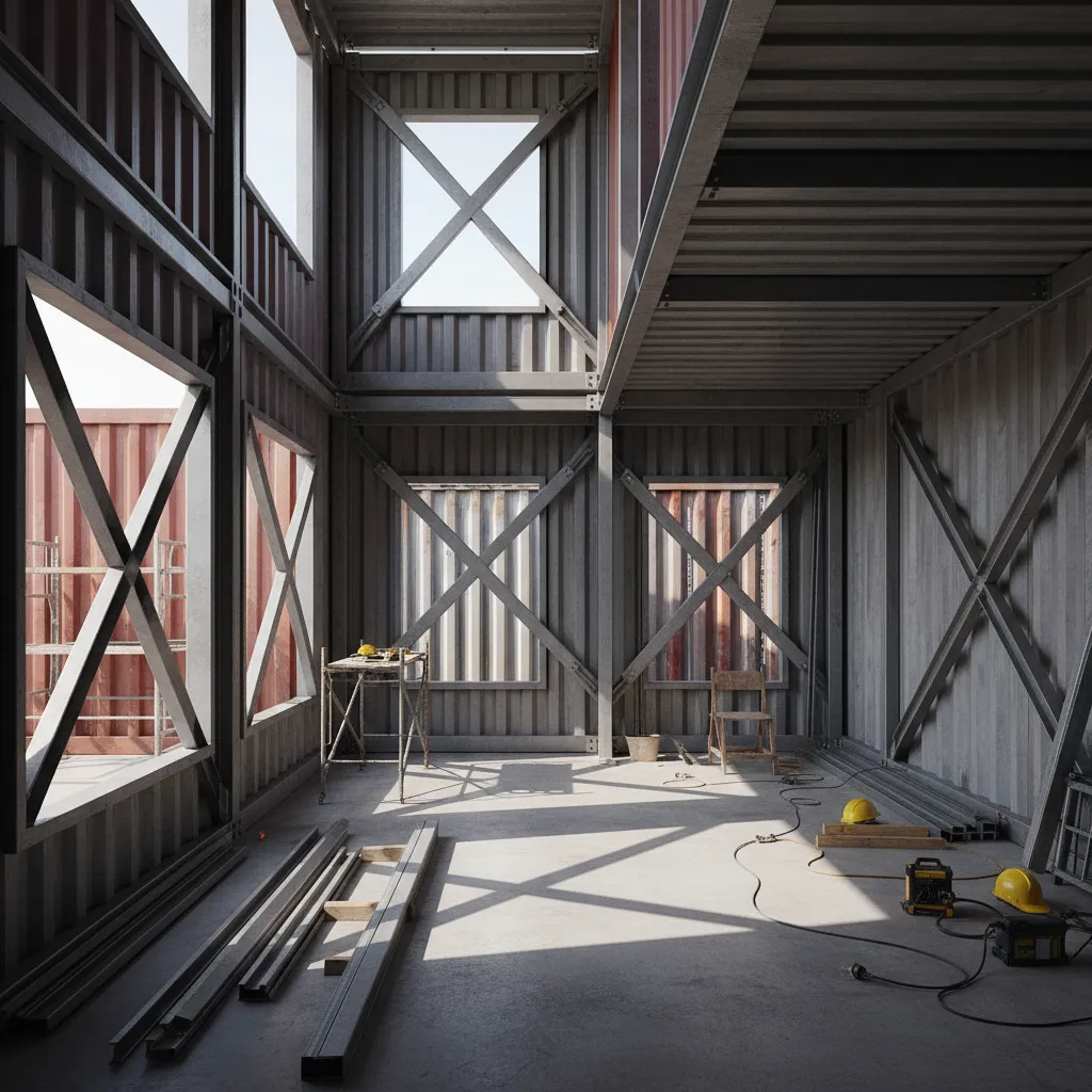 Shipping container home frame showing structural steel reinforcement