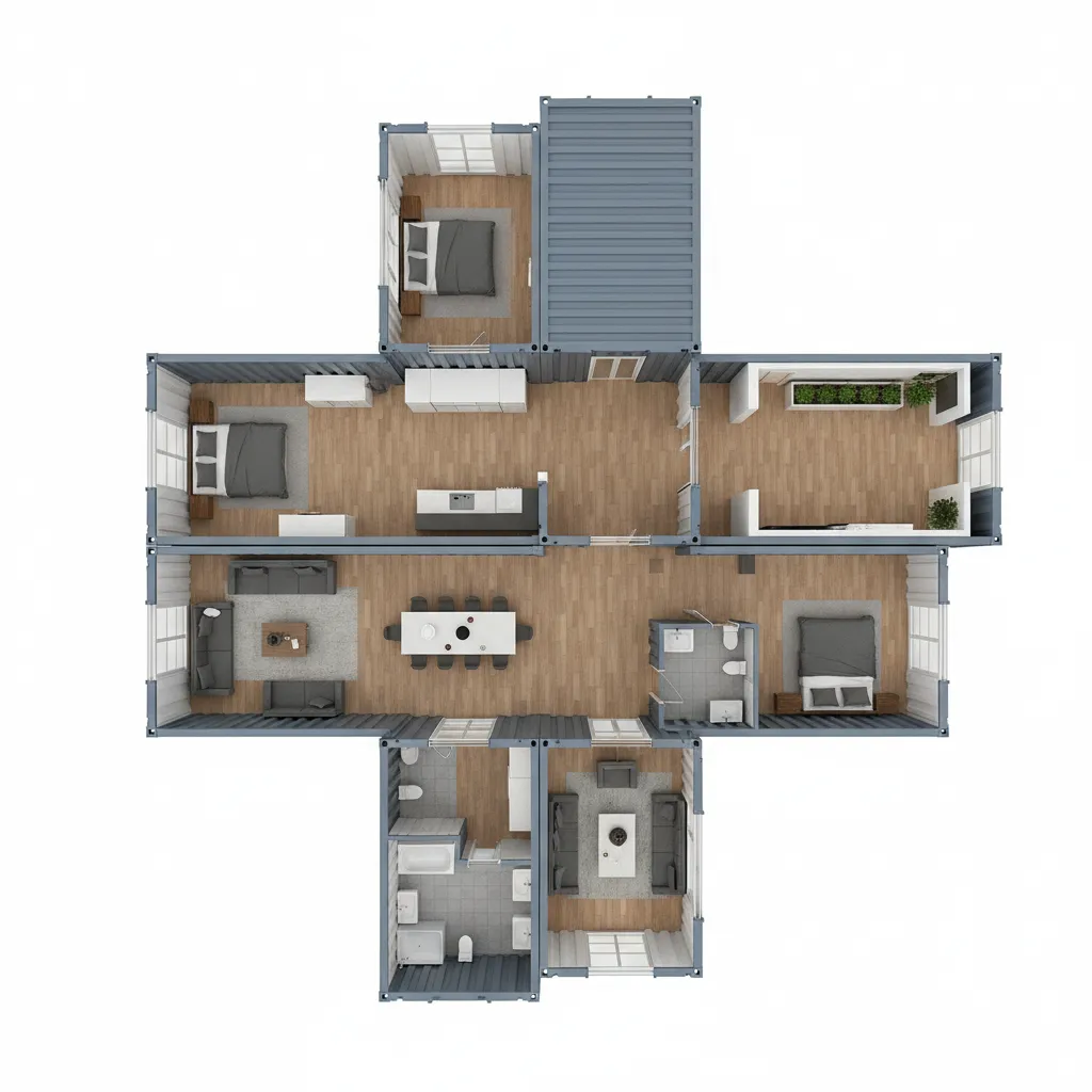 3D layout showing structural arrangement of multiple shipping containers forming a 1500 sq ft home