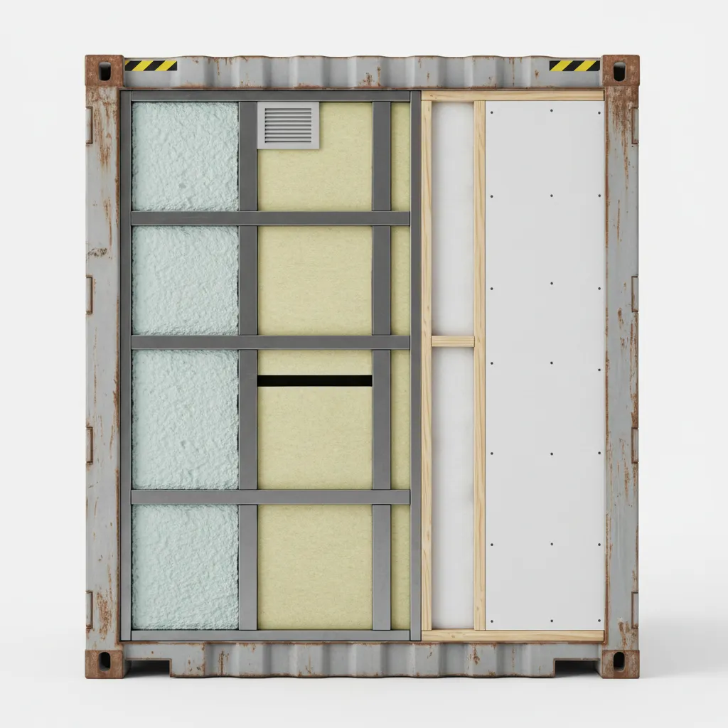 cutaway diagram of container wall showing insulation and ventilation layers
