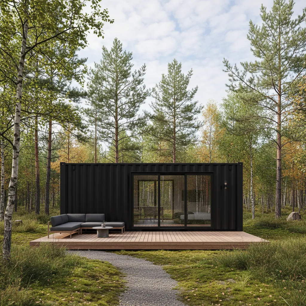 Exterior de una vivienda hecha con contenedor transformado en casa moderna