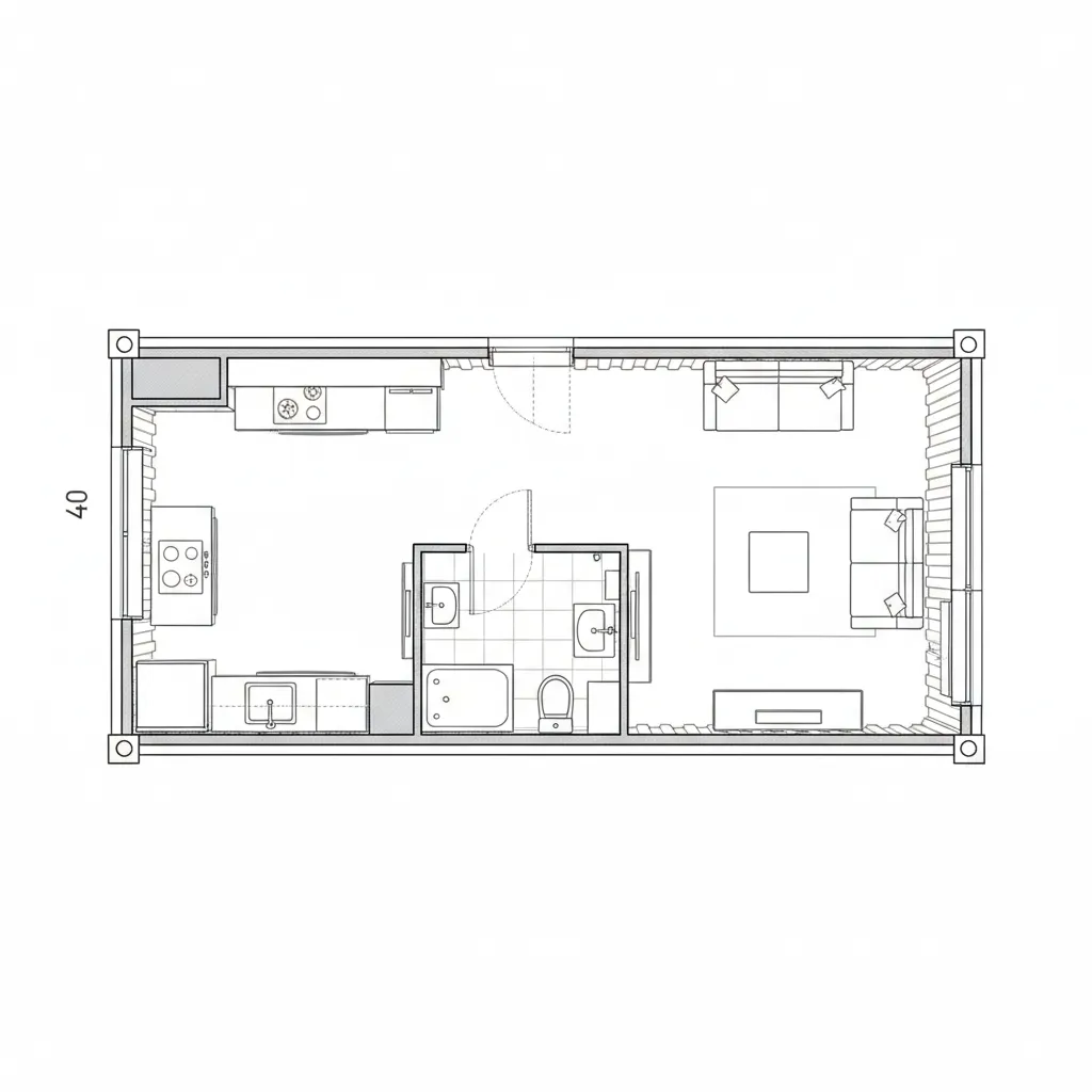 Plano interior de una casa diseñada dentro de un contenedor de 40 pies