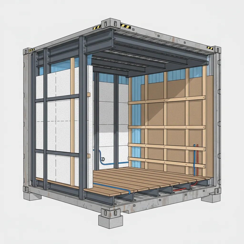 Interior design drawing of a shipping container showing wall panels insulation layers and wood flooring
