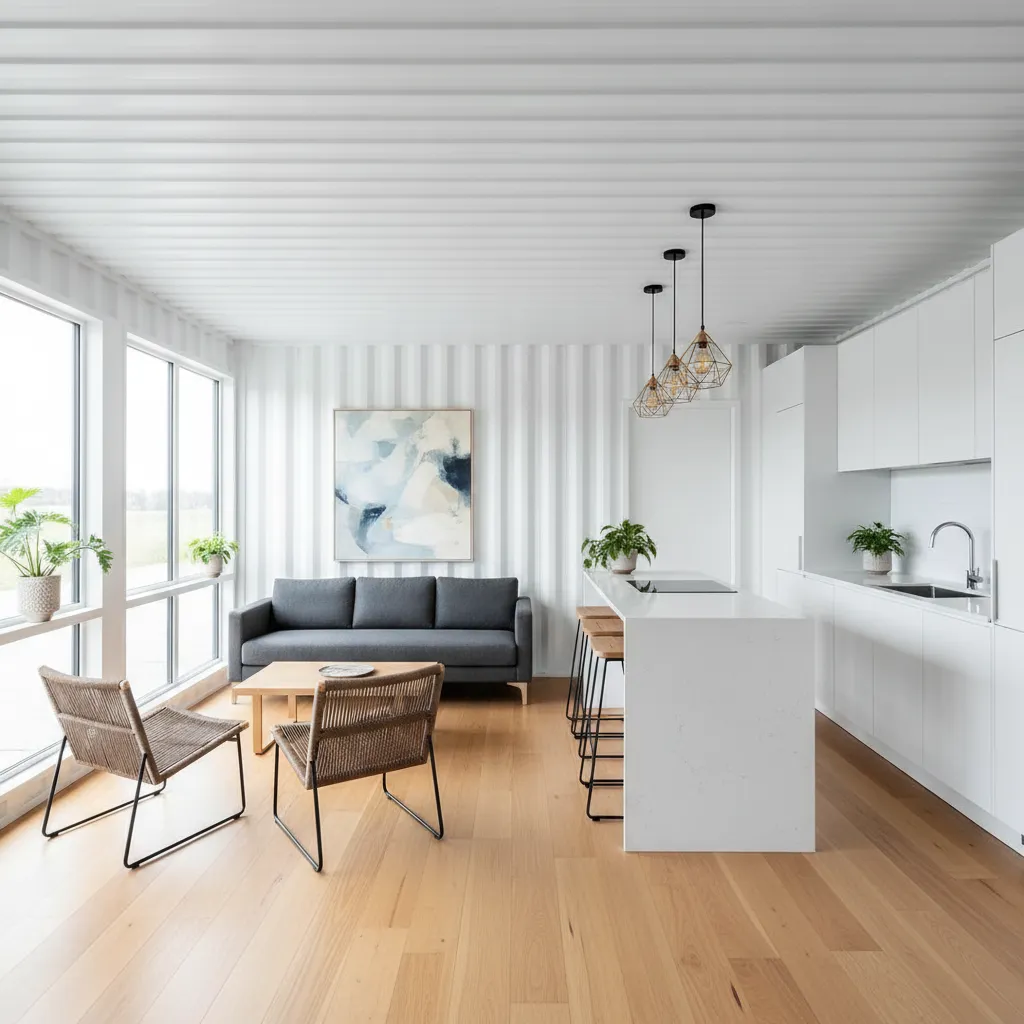 Interior moderno de una casa container con diseño minimalista