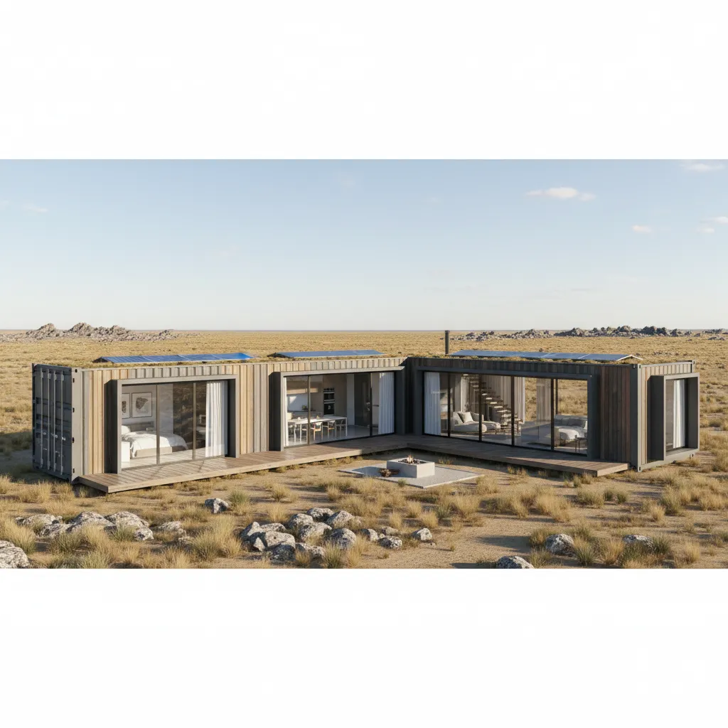 Modern L shaped container home exterior in a desert with large windows and wooden deck