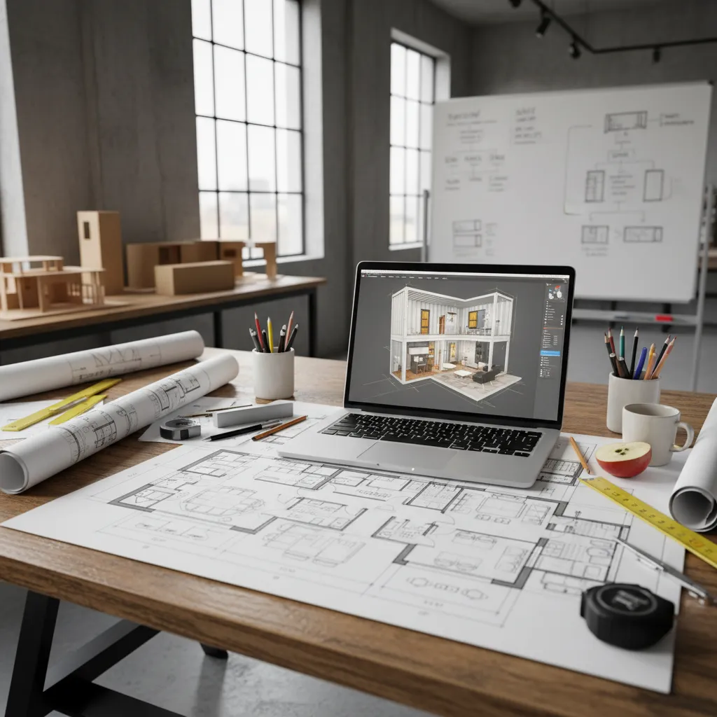 Laptop showing container house design sitting on wooden desk with floor plans and measuring tools