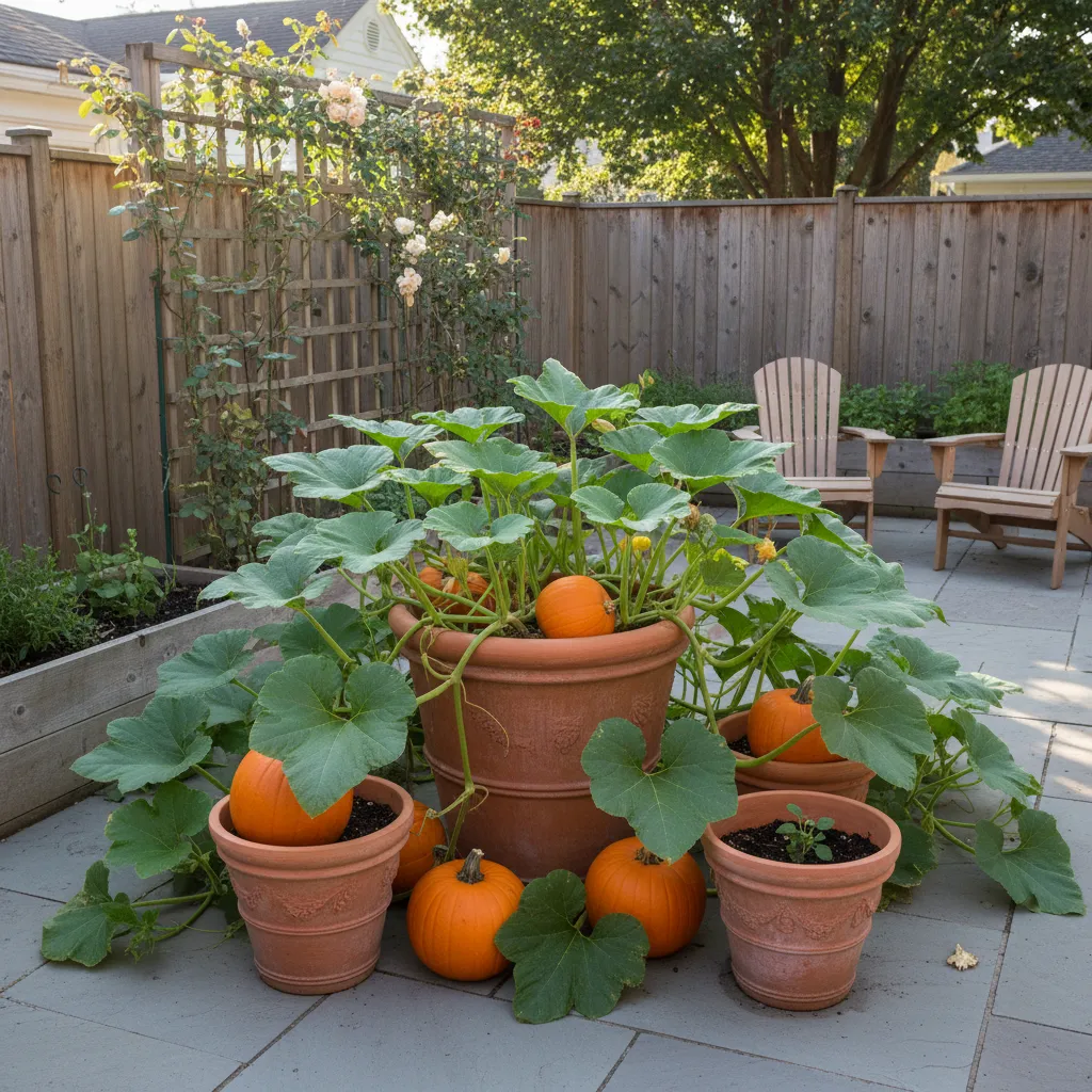 Healthy pumpkin plant in container producing small pumpkins in compact garden