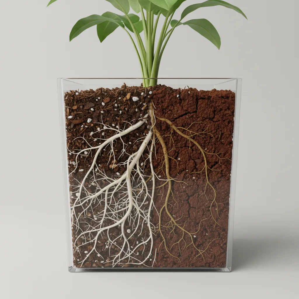 Healthy roots in loose potting soil compared to compacted container soil