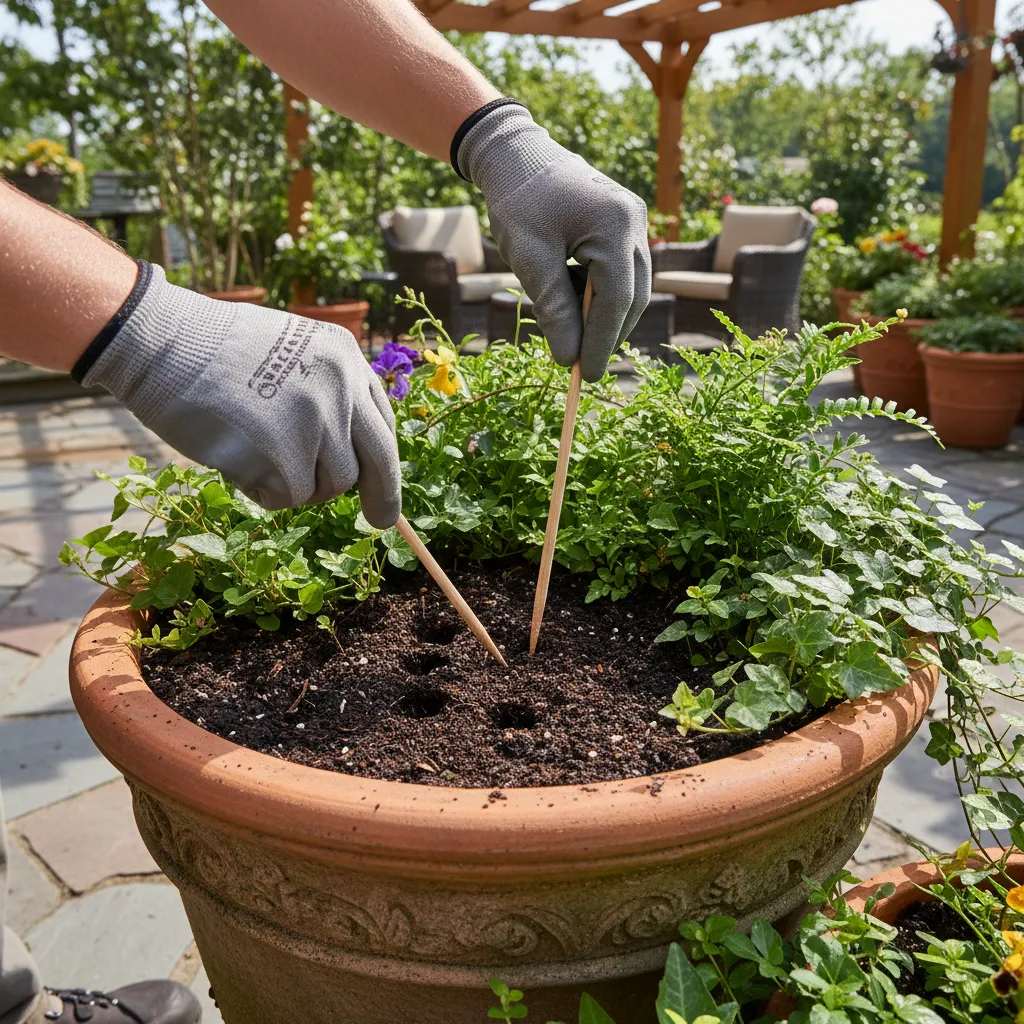 Aerating compacted soil in large planter using wooden stick