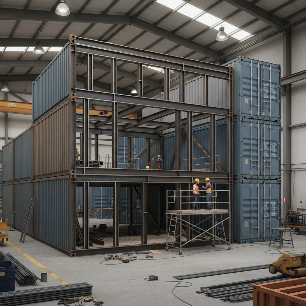 shipping container wall cut with visible steel reinforcement beams