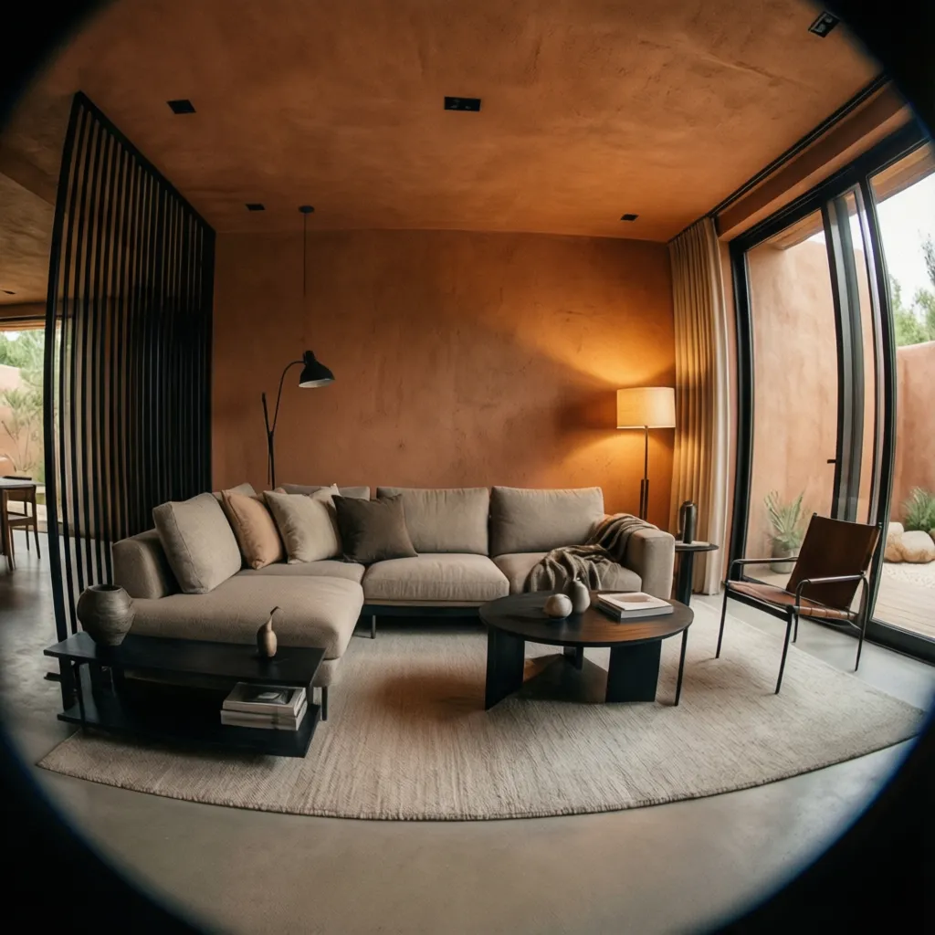 Sala contemporánea con paredes de adobe y decoración moderna