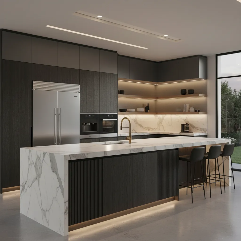 Designer kitchen with uneven cabinet towers and floating shelves