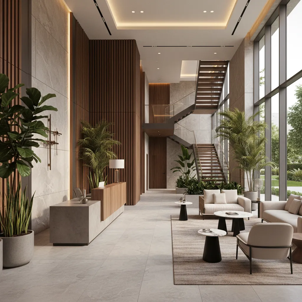 Entrada contemporánea de edificio con plantas y diseño elegante