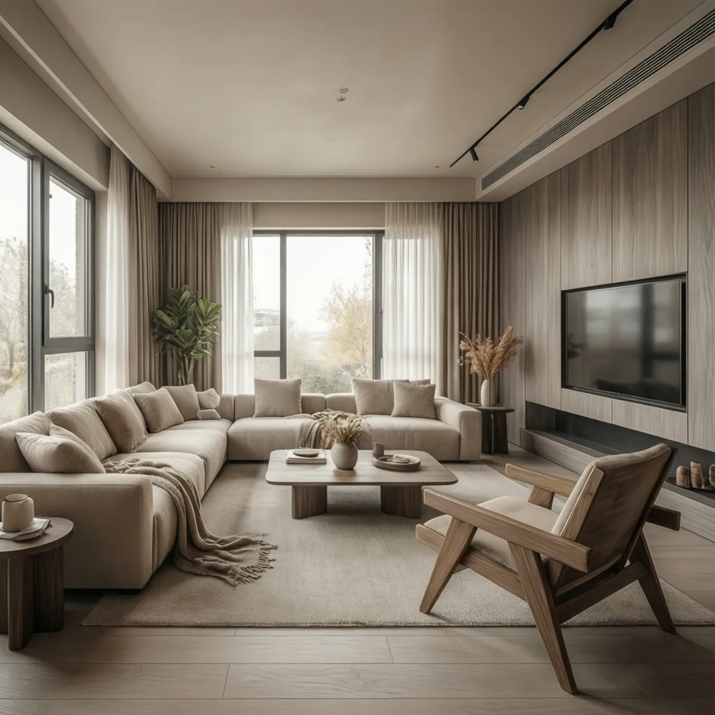 Interior contemporáneo con paleta de colores neutros y madera natural
