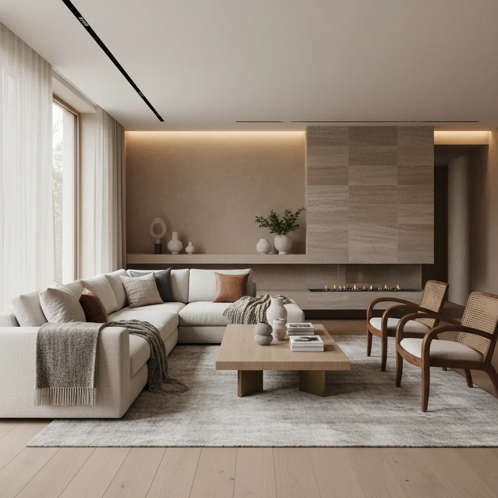 Interior residencial moderno con iluminación cuidada y texturas