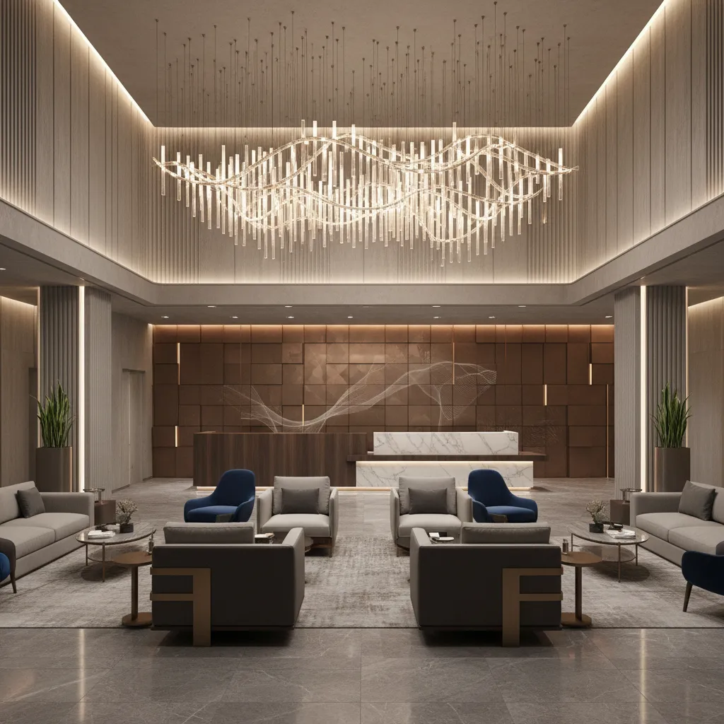 Contemporary boutique hotel lobby with statement lighting and lounge seating