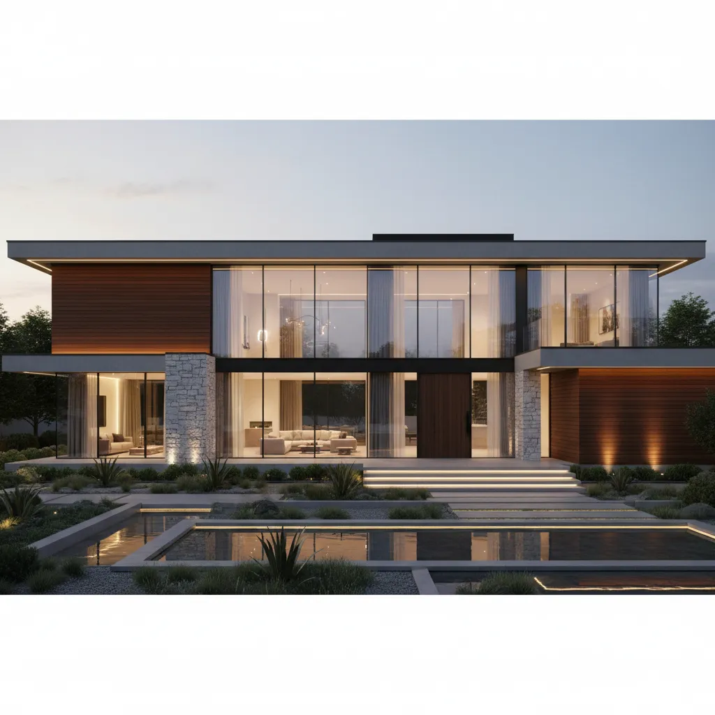 Contemporary house facade with large glass walls wood panels and asymmetrical architecture