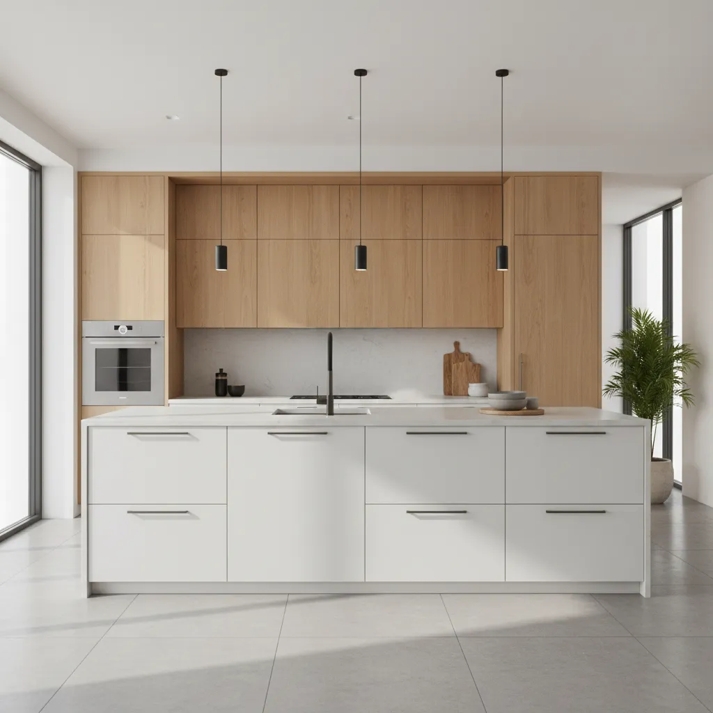 modern kitchen combining handleless upper cabinets with handled drawers