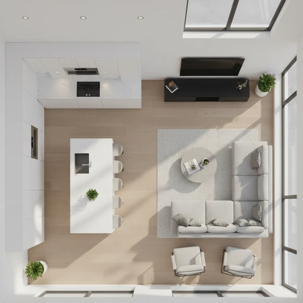 Plano de cocina abierta integrada en espacio contemporáneo