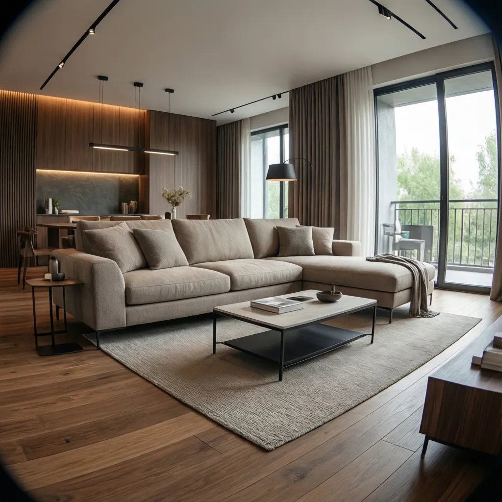 Salón contemporáneo con sofá neutro y mesa de centro minimalista