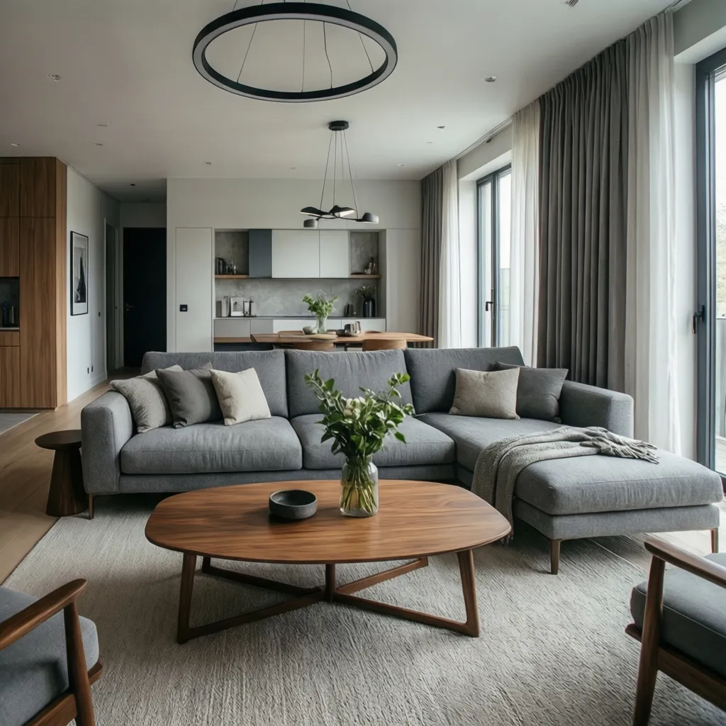 Salón contemporáneo con sofá gris, mesa de madera y decoración minimalista