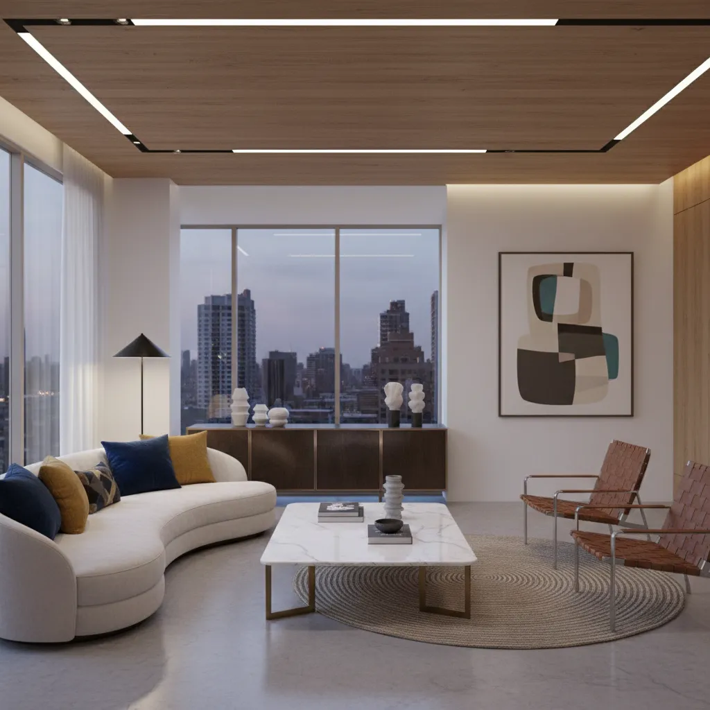 contemporary living room with curved sofa layered textures and modern lighting