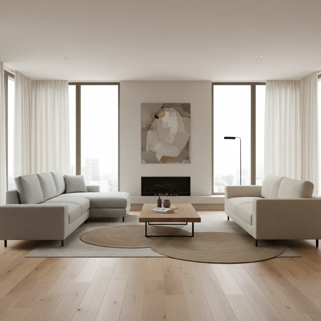 modern contemporary living room with neutral palette and balanced furniture layout