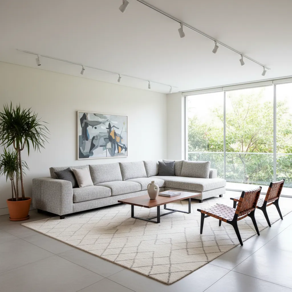 Distribución de salón contemporáneo con mobiliario equilibrado