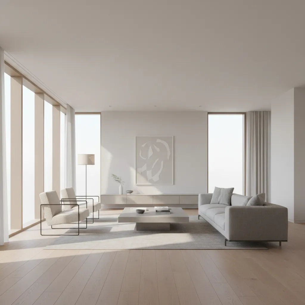 Contemporary living room with large windows and balanced daylight