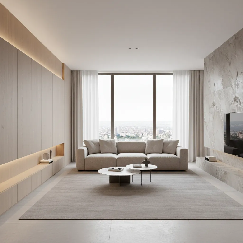 Minimalist contemporary living room with flush cabinetry and integrated lighting