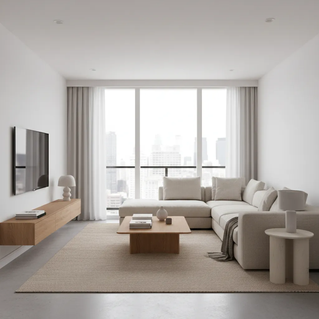 contemporary living room with neutral sectional sofa and modern decor