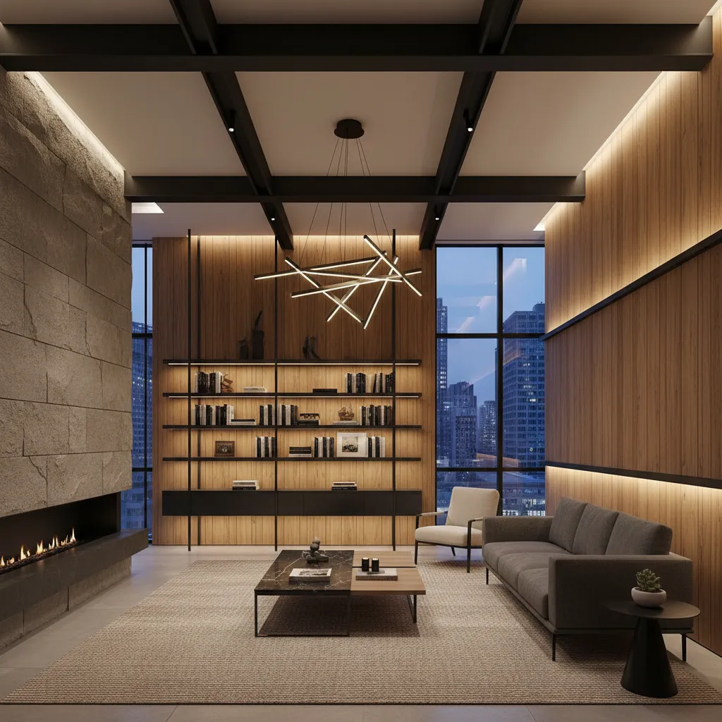 Interior contemporáneo con piedra, madera y metal negro