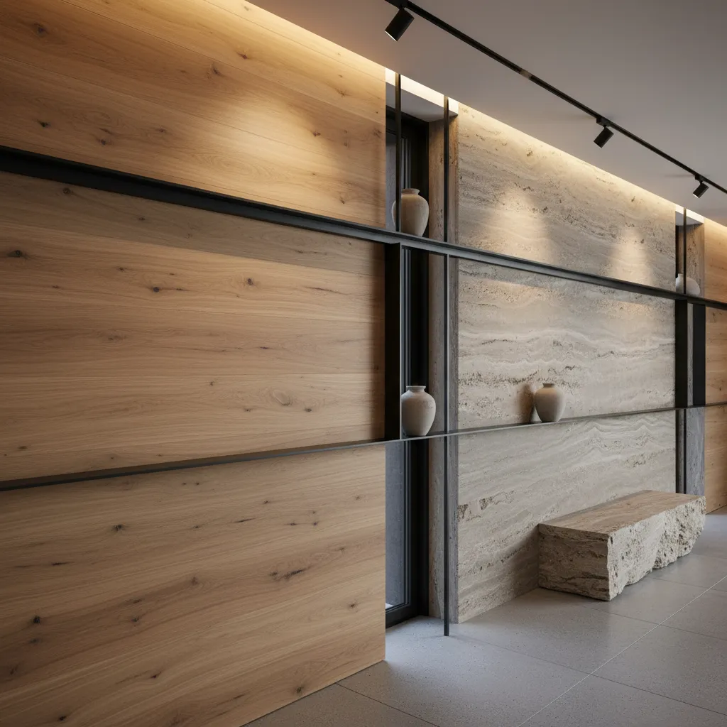 Detalle de materiales contemporáneos como madera, piedra y metal
