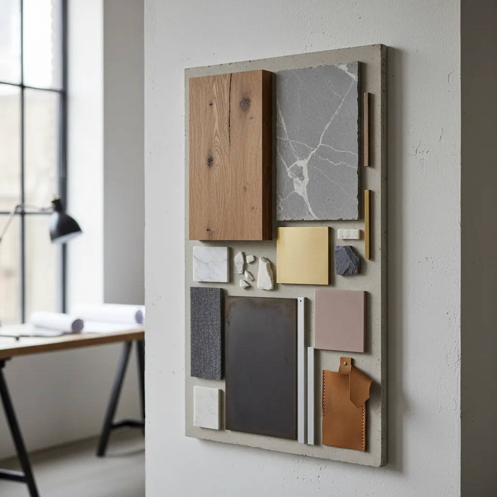 Detalle de materiales contemporáneos como madera, piedra y metal