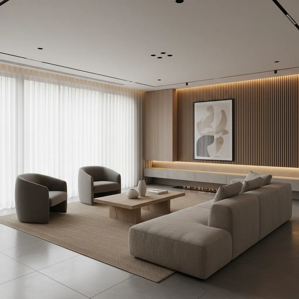 Interior contemporáneo con paleta de colores neutros y texturas cálidas