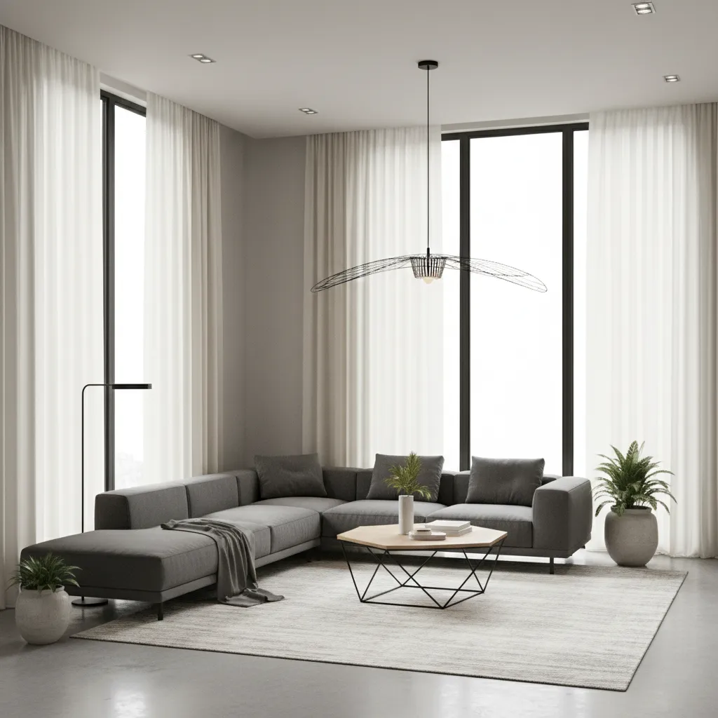 contemporary living room with greige walls and charcoal accents