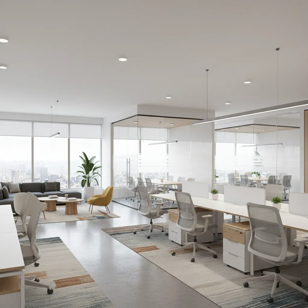 Contemporary office interior with open workstation layout and collaboration areas