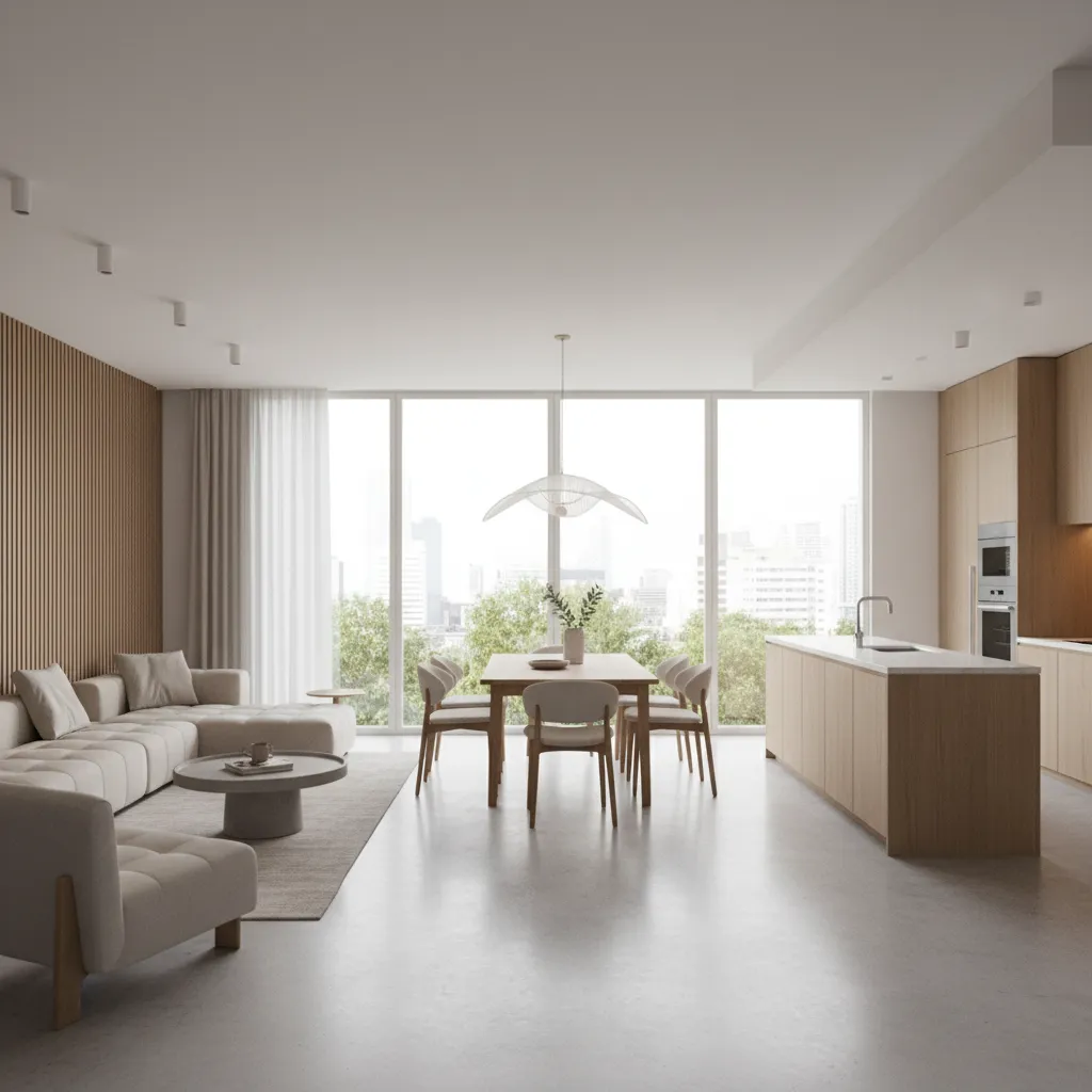 Espacio abierto contemporáneo que conecta salón, comedor y cocina